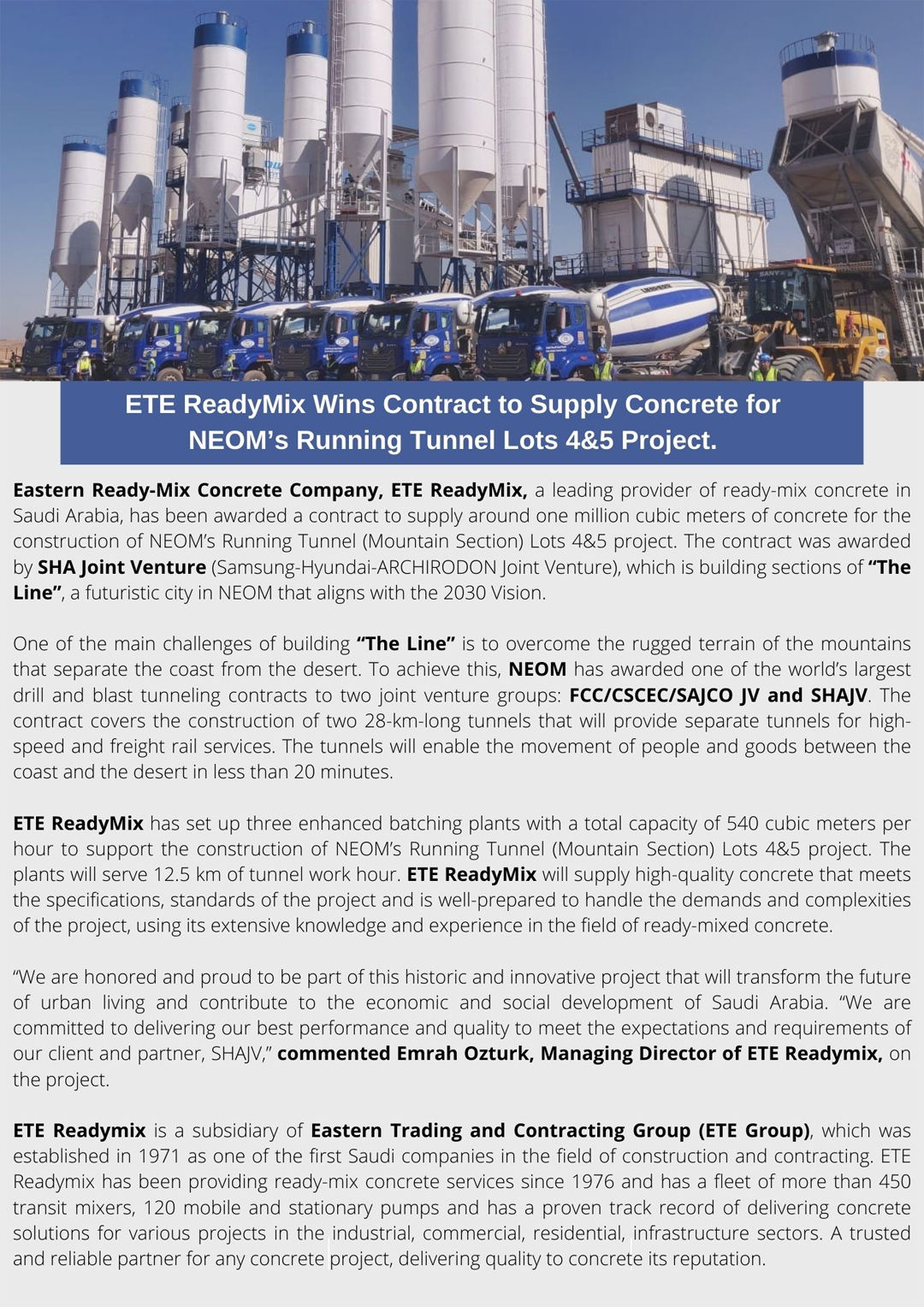 ETE Ready-Mix Wins Contract to Supply Concrete for NEOM’s Running Tunnel Lots 4&5 Project