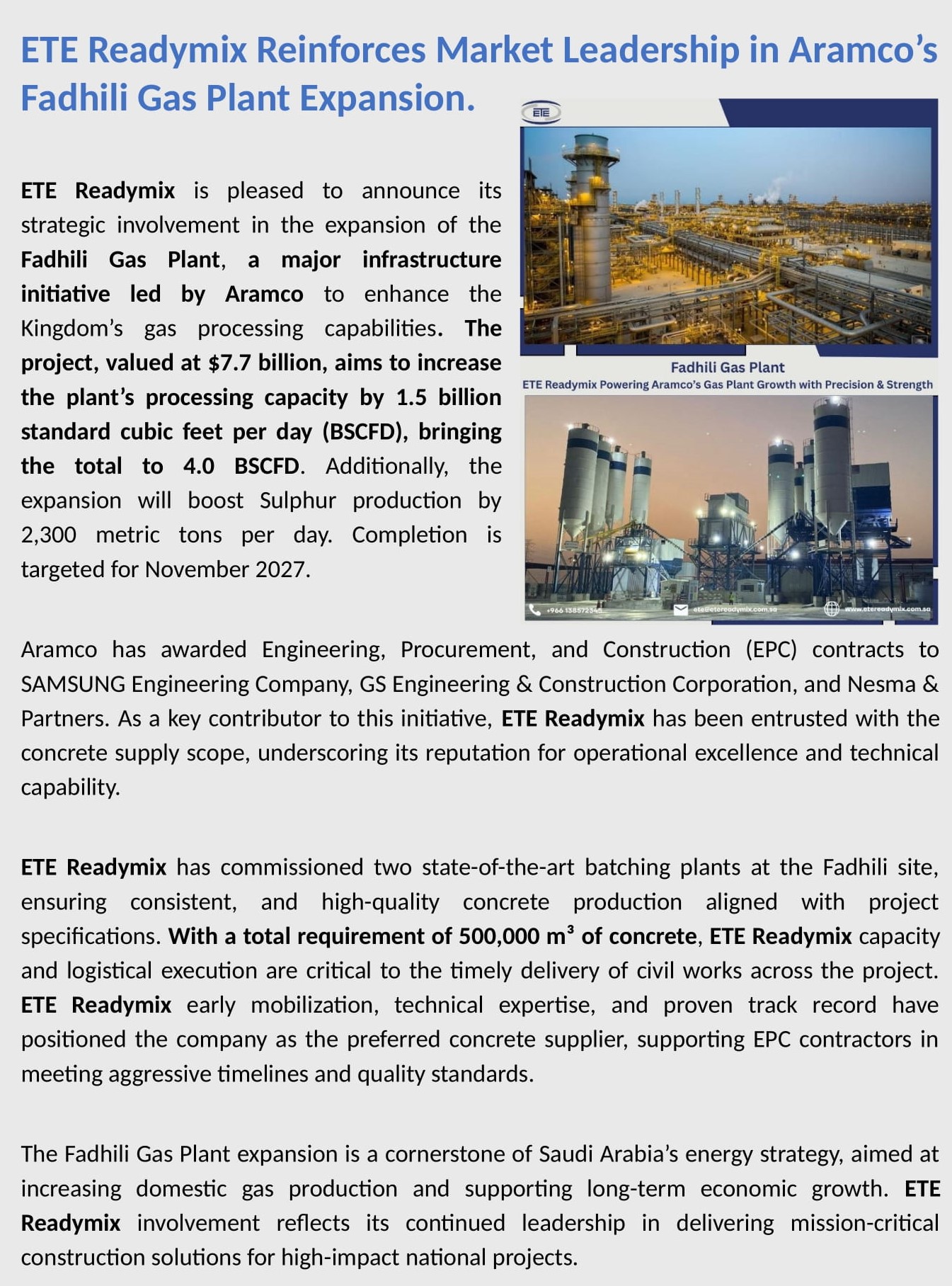 ETE Readymix Reinforces Market Leadership in Aramco’s Fadhili Gas Plant Expansion.