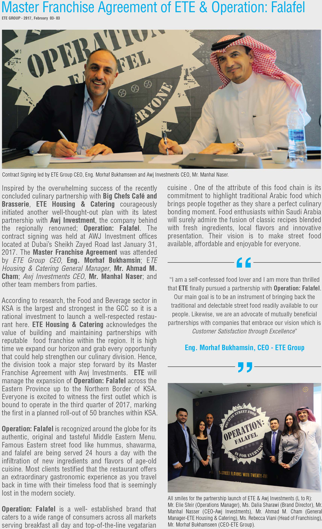 Master Franchise Agreement of ETE & Operation: Falafel